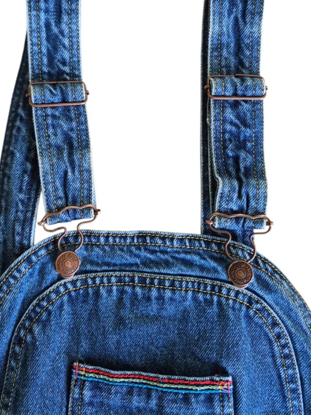 Free People Chasing Rainbows Overalls Size 6 Blue Denim Flare Rainbow Stitch Bib - Picture 9 of 16